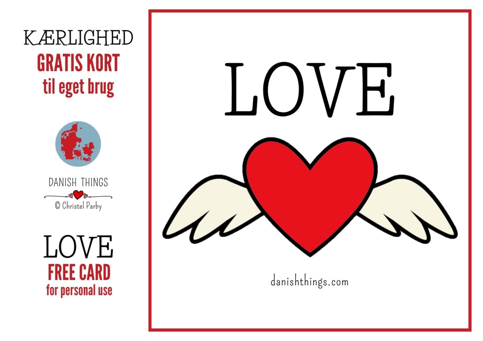Gratis kort eller lille plakat - rødt hjerte med vinger - Danish Things
