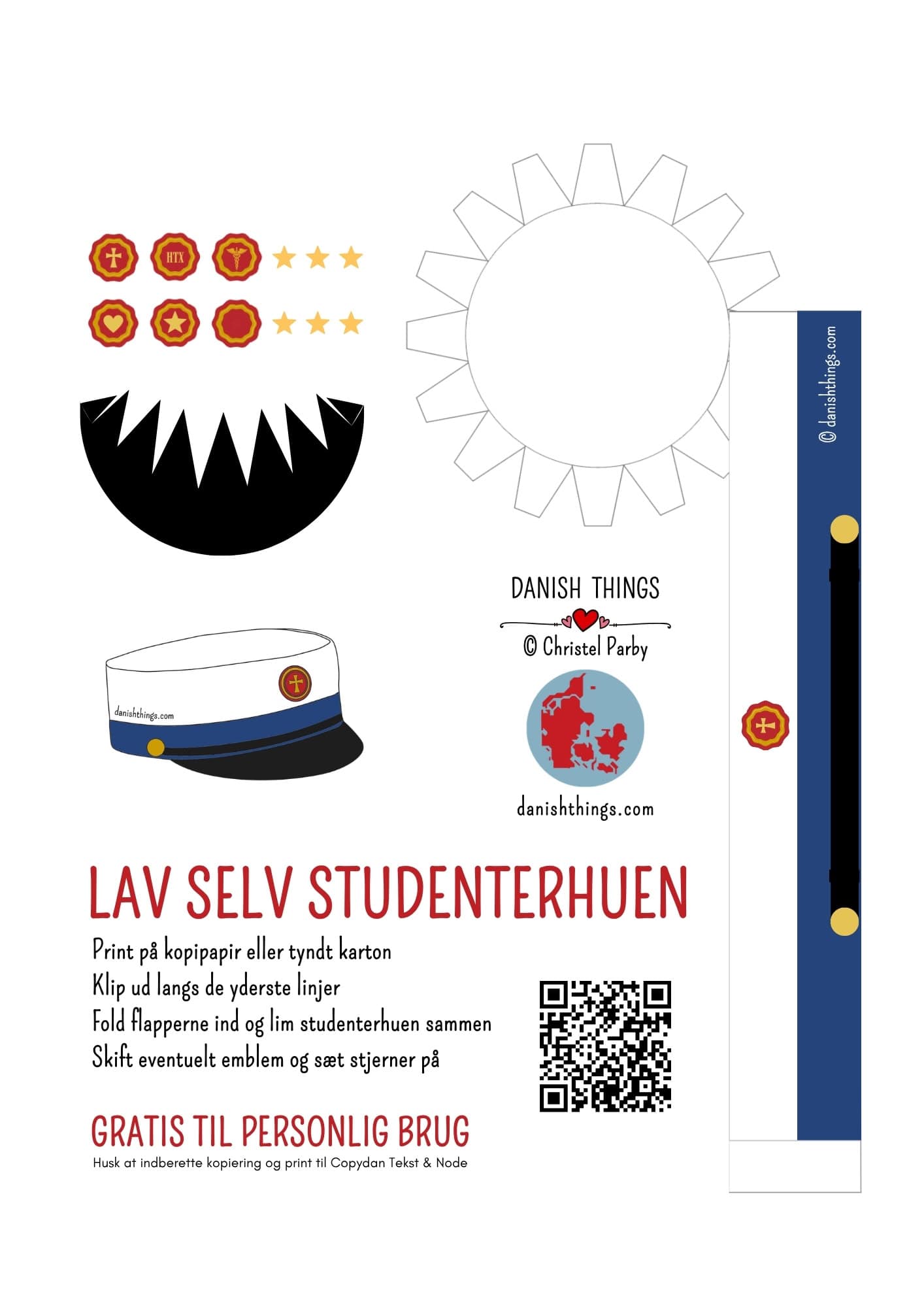 Hjemmelavet studenterhue - lav selv studenterhuen af papir. Har din student et huebånd i klassisk bordeauxrød eller mørkeblå? Eller måske er det gråt, lyseblåt eller en anden farve? Her har jeg lavet 3 studenterhuer, klar til print og samling. Du får huerne i 3 farver - en bordeauxrød, en blå og en med hvidt bånd - en "farv selv"-udgave - så kan du lave studenterhuen, der passer til DIN student. Find de gratis print på danishthings.com © Christel Parby #DanishThings #tillykkemedhuen #student #studenterhue #studenterhueAfPapir #papir #papirhue #papirstudenterhue #student #rød #bordeauxrød #bordeaux #blå #hvid #FarvSelv #LavDinEgenStudenterhue #studenterhuer #forskelligeStudenterhuer #tillykke #gratisprint
