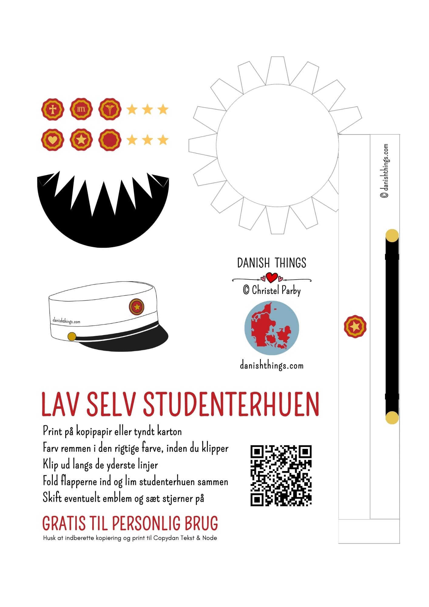 Hjemmelavet studenterhue - lav selv studenterhuen af papir. Har din student et huebånd i klassisk bordeauxrød eller mørkeblå? Eller måske er det gråt, lyseblåt eller en anden farve? Her har jeg lavet 3 studenterhuer, klar til print og samling. Du får huerne i 3 farver - en bordeauxrød, en blå og en med hvidt bånd - en "farv selv"-udgave - så kan du lave studenterhuen, der passer til DIN student. Find de gratis print på danishthings.com © Christel Parby #DanishThings #tillykkemedhuen #student #studenterhue #studenterhueAfPapir #papir #papirhue #papirstudenterhue #student #rød #bordeauxrød #bordeaux #blå #hvid #FarvSelv #LavDinEgenStudenterhue #studenterhuer #forskelligeStudenterhuer #tillykke #gratisprint