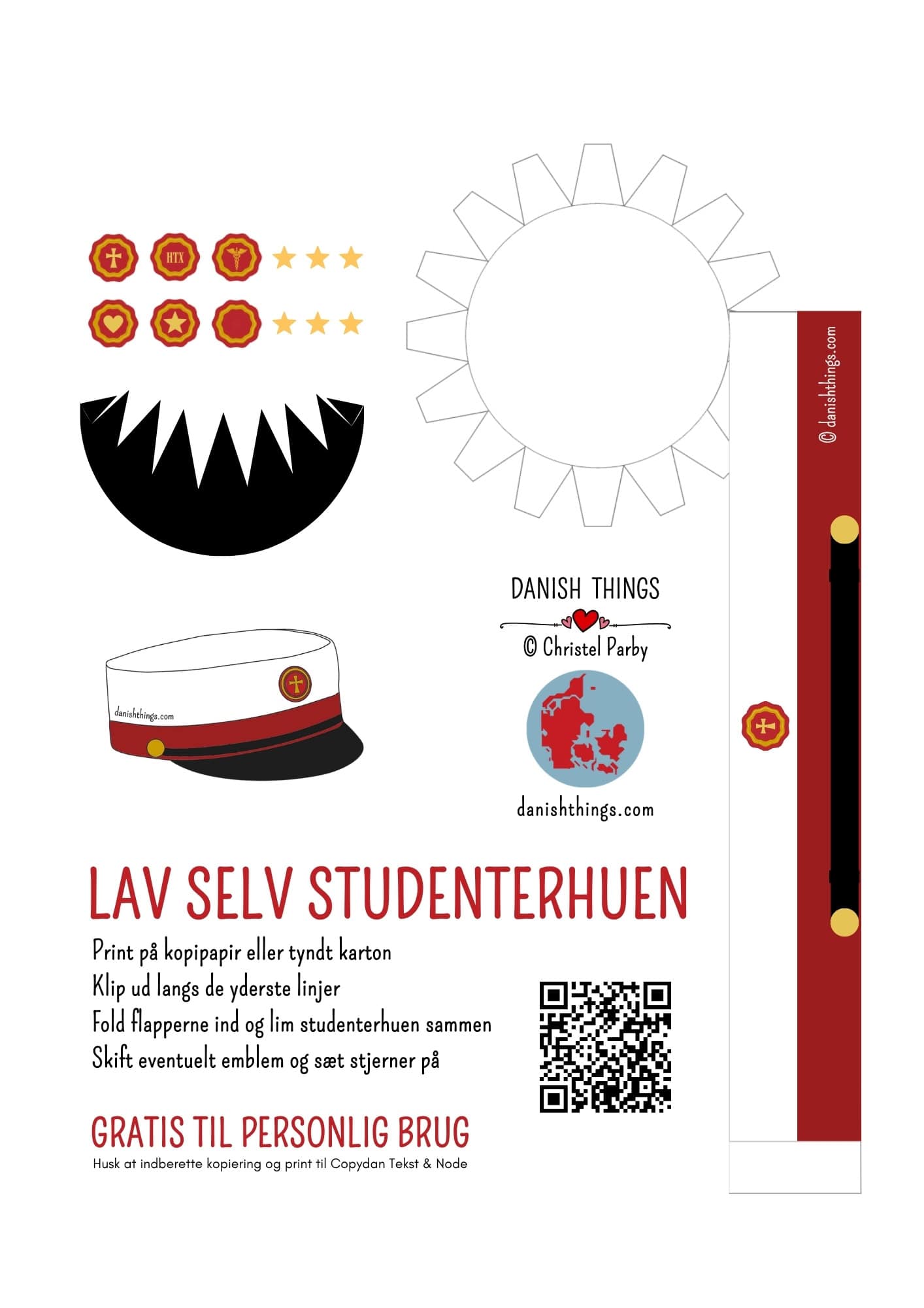 Hjemmelavet studenterhue - lav selv studenterhuen af papir. Har din student et huebånd i klassisk bordeauxrød eller mørkeblå? Eller måske er det gråt, lyseblåt eller en anden farve? Her har jeg lavet 3 studenterhuer, klar til print og samling. Du får huerne i 3 farver - en bordeauxrød, en blå og en med hvidt bånd - en "farv selv"-udgave - så kan du lave studenterhuen, der passer til DIN student. Find de gratis print på danishthings.com © Christel Parby #DanishThings #tillykkemedhuen #student #studenterhue #studenterhueAfPapir #papir #papirhue #papirstudenterhue #student #rød #bordeauxrød #bordeaux #blå #hvid #FarvSelv #LavDinEgenStudenterhue #studenterhuer #forskelligeStudenterhuer #tillykke #gratisprint