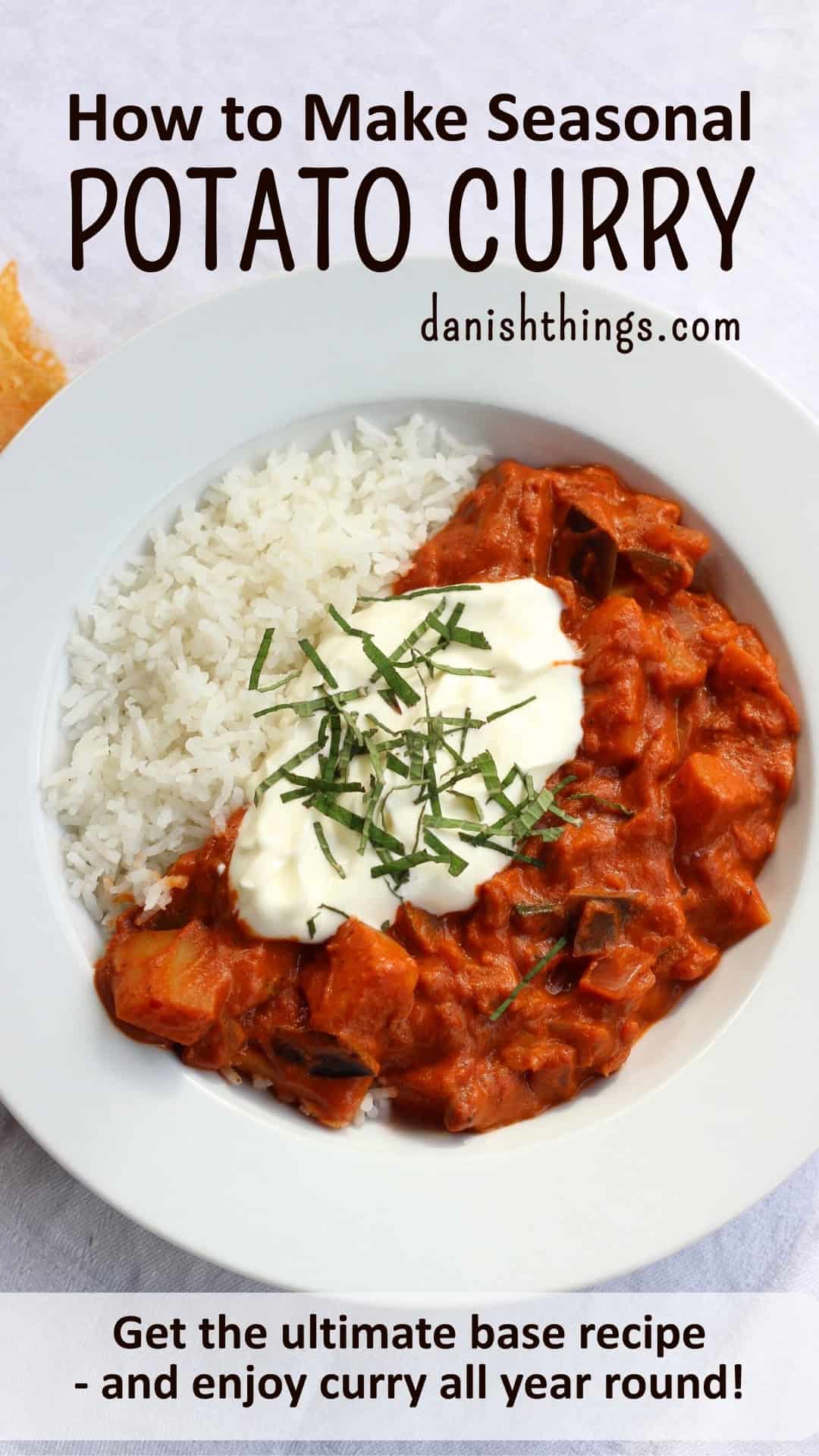 How to make seasonal potato curry - get the ultimate basic recipe Potato Curry all year round! Make your favourite potato curry with pumpkin and courgette; the base recipe can be adapted to use Danish seasonal vegetables or those from your country. Perfect for both weekdays and weekends. © Christel Parby - danishthings.com #DanishThings #potatocurry #seasonalfood #vegetarian