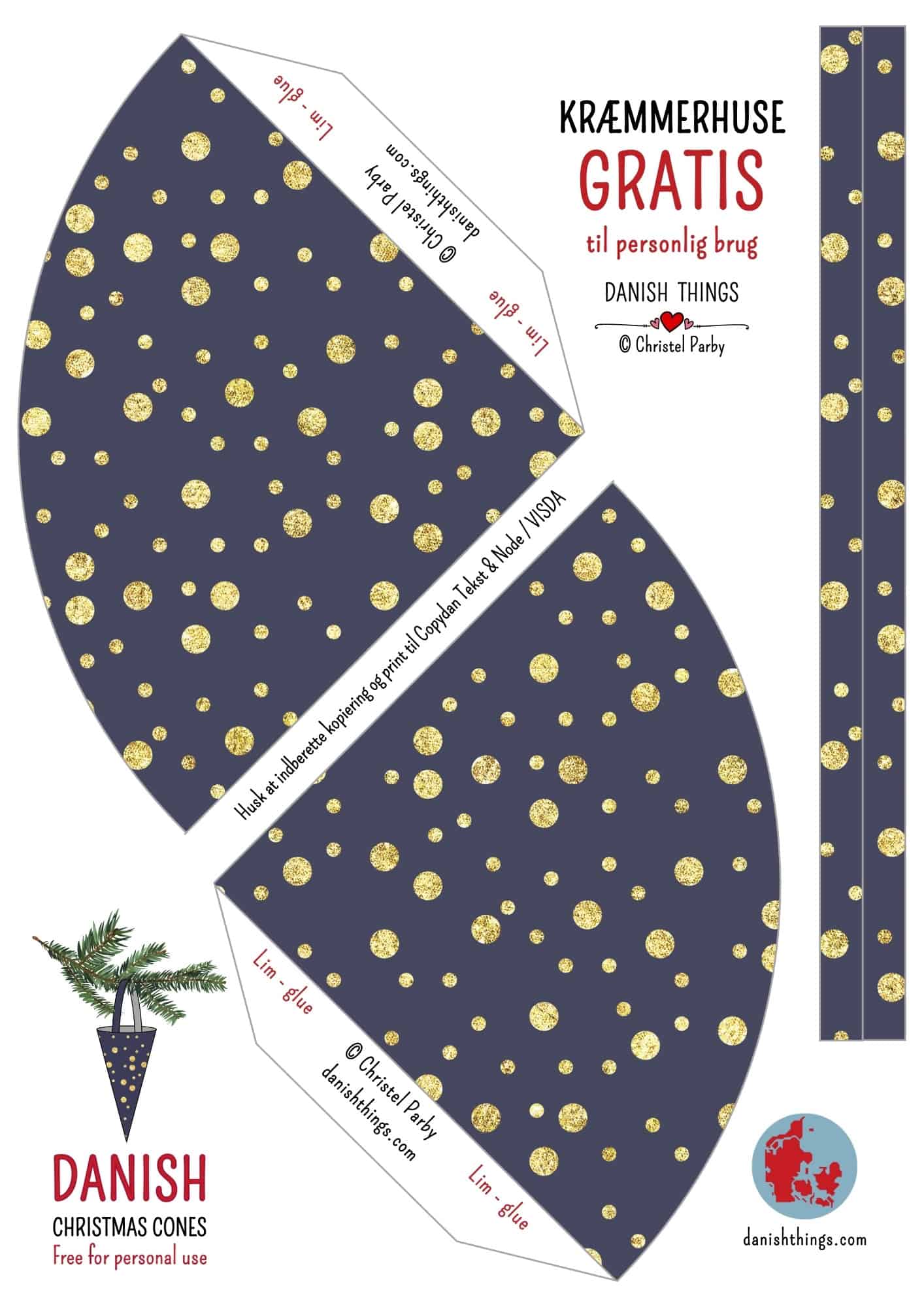 Lav nemme kræmmerhuse til jul! Få 4 gratis printdesigns i flotte farver (blå/guld og brun/beige). Hurtige at lave, nemme at dekorere. Perfekt juleprojekt for børn og voksne. © Christel Parby danishthings.com #DanishThings #kræmmerhuse #julepynt #juleklip #danishChristmas #DanskJul #jul #Danish #Christmas #klippeklistre #julehygge #hygge #diy #diyJulepynt #printables #gratisprint