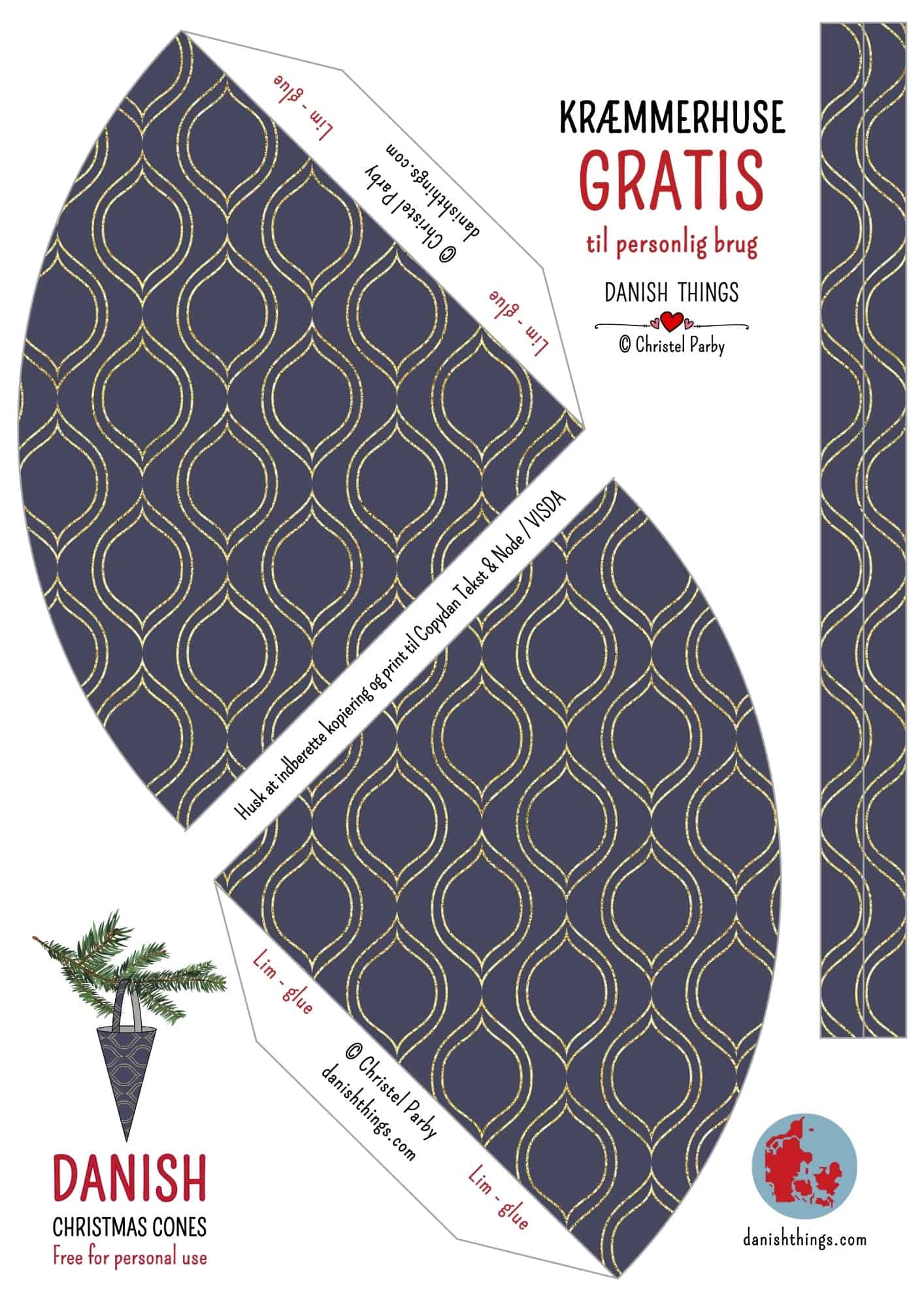 Lav nemme kræmmerhuse til jul! Få 4 gratis printdesigns i flotte farver (blå/guld og brun/beige). Hurtige at lave, nemme at dekorere. Perfekt juleprojekt for børn og voksne. © Christel Parby danishthings.com #DanishThings #kræmmerhuse #julepynt #juleklip #danishChristmas #DanskJul #jul #Danish #Christmas #klippeklistre #julehygge #hygge #diy #diyJulepynt #printables #gratisprint