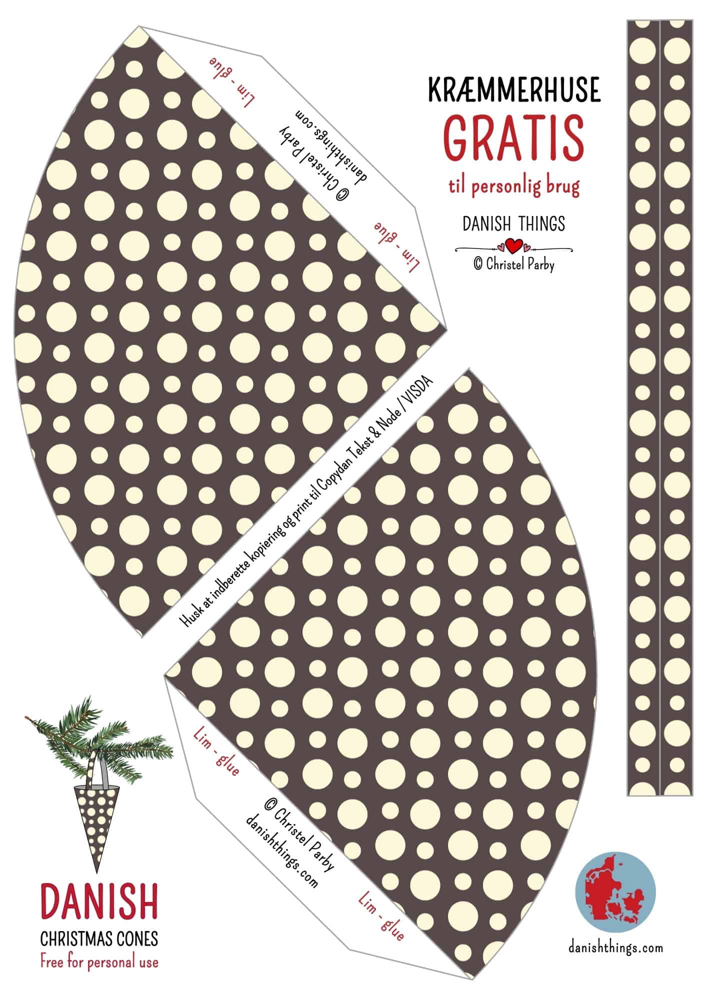 Lav nemme kræmmerhuse til jul! Få 4 gratis printdesigns i flotte farver (blå/guld og brun/beige). Hurtige at lave, nemme at dekorere. Perfekt juleprojekt for børn og voksne. © Christel Parby danishthings.com #DanishThings #kræmmerhuse #julepynt #juleklip #danishChristmas #DanskJul #jul #Danish #Christmas #klippeklistre #julehygge #hygge #diy #diyJulepynt #printables #gratisprint