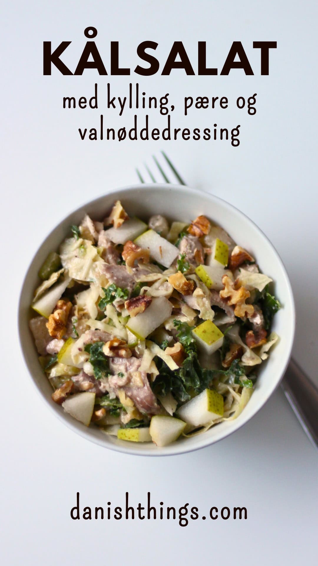 🥗Lækker kålsalat med kylling, sprød pære, bladselleri og cremet valnøddedressing. Perfekt som måltidssalat eller tilbehør til fjerkræ. Nem opskrift til hverdagen - find den på danishthings.com © Christel Parby #DanishThings  #kålsalat #måltidssalat #kyllingesalat #sund #valnødder #opskrift  #sundmad 