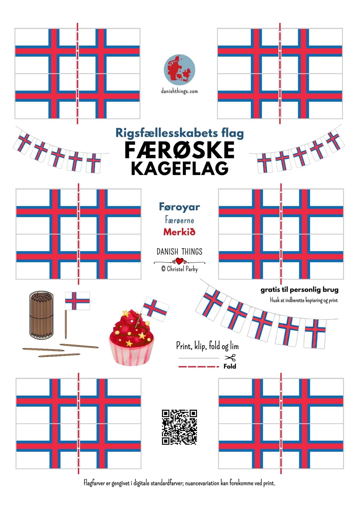 Færøske kageflag. Små flag fra Danmark, Grønland og Færøerne - perfekt til fødselsdage og fejring. Find Dannebrog, Erfalasorput og Merkið som gratis flag til print på danishthings.com © Christel Parby #DanishThings #kageflag #gratisprint #danmark #grønland #færøerne #rigsfællesskabet #fødselsdag