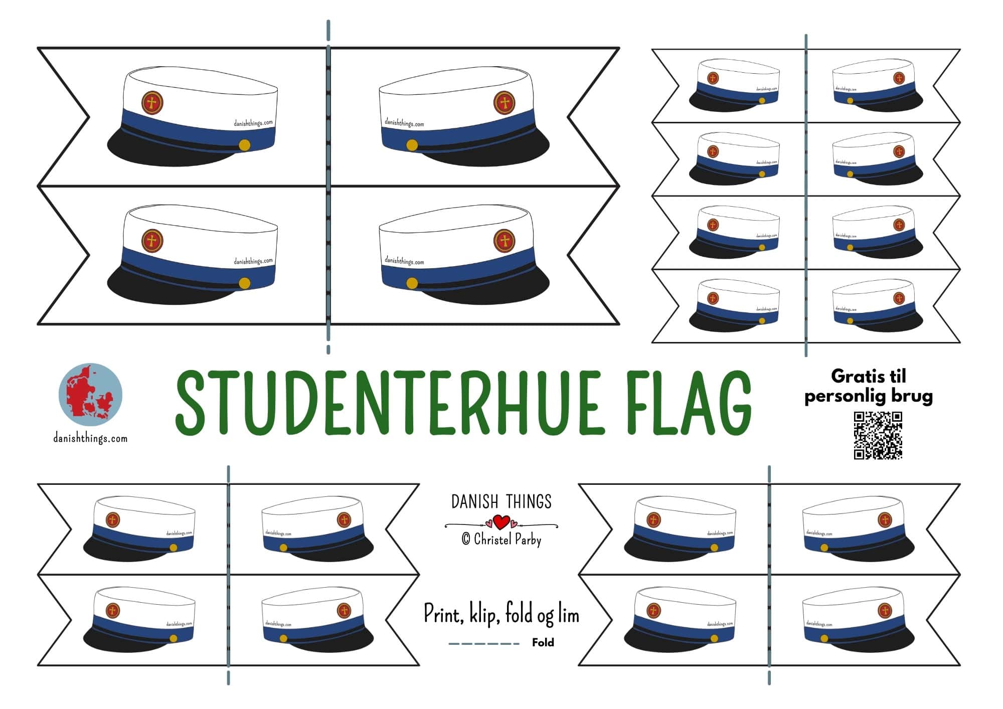 "Tillykke med huen" kort og studenterhue flag til print Print et "Tillykke med huen" kort til DIN student. Du kan også printe studenterhue-flag til kransekagen, vandmelonen, buketten, borddekorationen og meget mere. Vælg mellem kort og flag i rød, blå og "farv selv". Find de gratis print på danishthings.com © Christel Parby #DanishThings #tillykkemedhuen #studenterkort #gratisprint #student #studenterhue #tillykke #kageflag #studenterflag