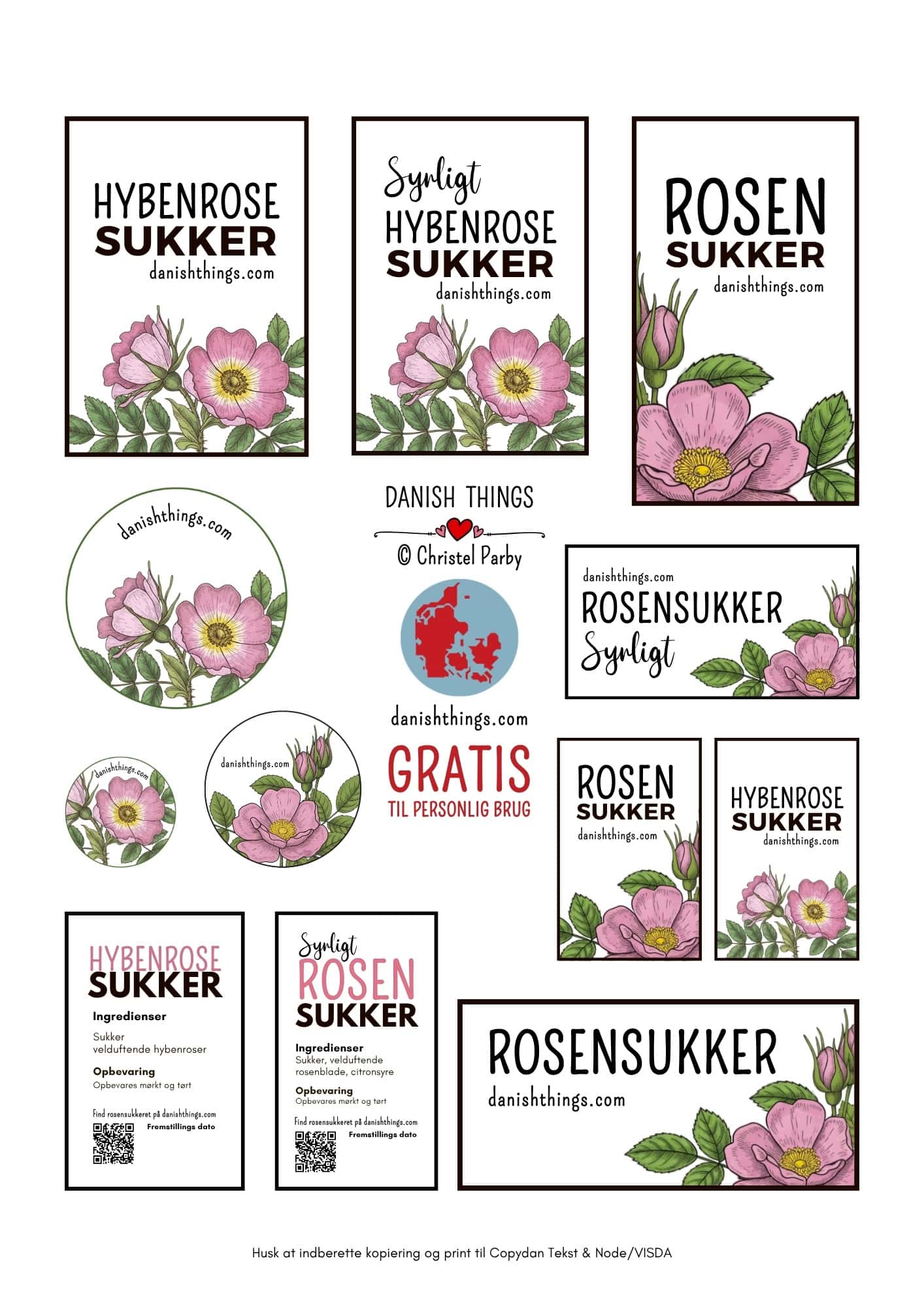 Syrligt rosensukker - smukt pink sukker med hybenroser Print gratis etiketter til dit hjemmelavede rosensukker. Runde og firkantede labels i flere størrelser med teksten Rosensukker, Syrligt rosensukker, Hybenrosesukker og Syrligt hybenrosesukker. Find etiketterne og opskrifter på rosensukker - den pink, syrlige variant og det klassiske sukker med roser - på danishthings.com © Christel Parby #DanishThings #rosensukker #syrligtrosensukker #hybenrose #GratisEtiketter #etiketter #labels