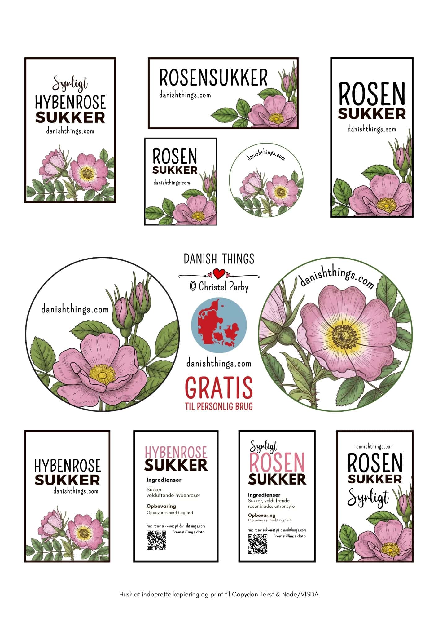 Syrligt rosensukker - smukt pink sukker med hybenroser Print gratis etiketter til dit hjemmelavede rosensukker. Runde og firkantede labels i flere størrelser med teksten Rosensukker, Syrligt rosensukker, Hybenrosesukker og Syrligt hybenrosesukker. Find etiketterne og opskrifter på rosensukker - den pink, syrlige variant og det klassiske sukker med roser - på danishthings.com © Christel Parby #DanishThings #rosensukker #syrligtrosensukker #hybenrose #GratisEtiketter #etiketter #labels