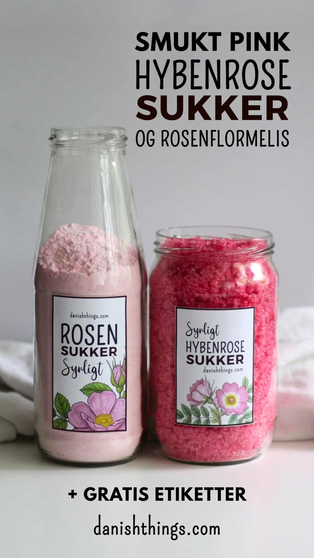 Syrligt rosensukker - smukt pink sukker med hybenroser Lav dit eget lyserøde flormelis af pink syrligt rosensukker. Sukkeret får en intens pink farve, der bliver lysere, når det blendes. Sukkeret har en syrlighed, der passer i glasur, marengs og mange desserter. Nem opskrift + gratis etiketter til dine glas. Find det hele på danishthings.com © Christel Parby #DanishThings #rosensukker #syrligtrosensukker #hybenrose #citronsyre #surtsukker #blomstersukker #GratisEtiketter