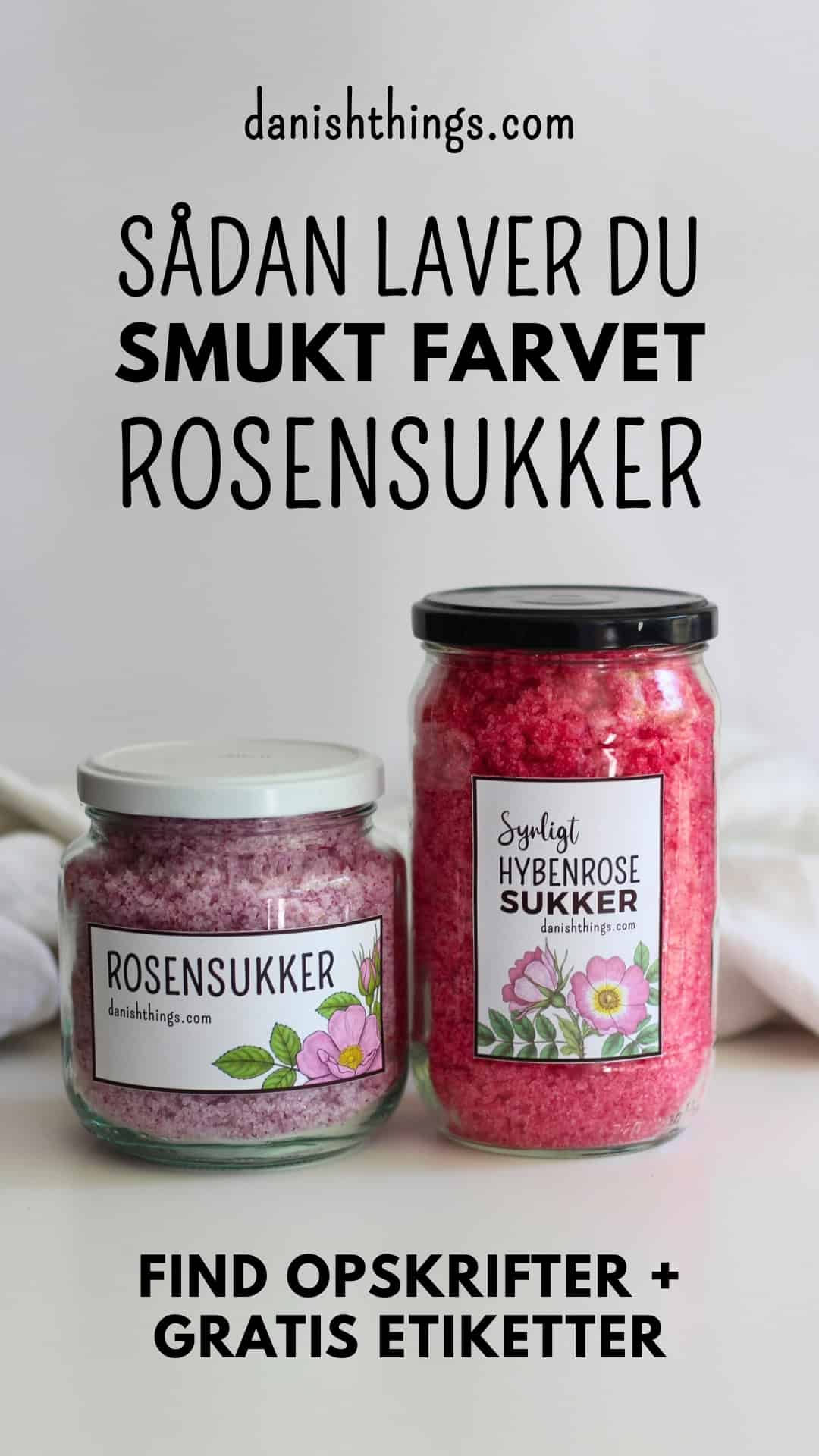 Syrligt rosensukker - smukt pink sukker med hybenroser Opskrift på syrligt rosensukker - som rosensirup, bare i fast form, og med samme vilde pink farve. Et blomstersukker, der både giver rosensmag og en frisk syrlighed. Fantastisk til råmarinerede jordbær, chantillycreme og meget mere. Find opskriften og gratis etiketter på danishthings.com © Christel Parby #DanishThings #rosensukker #syrligtrosensukker #hybenrose #jordbær #chantillycreme #blomstersukker