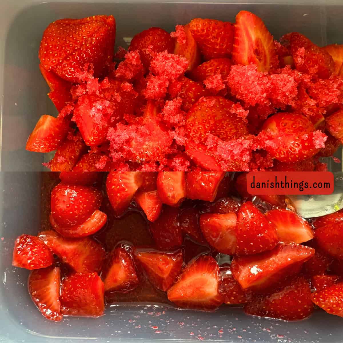 Syrligt rosensukker - smukt pink sukker med hybenroser Dansk sommer - Jordbær med syrligt rosensukker. Få inspiration og idéer til at bruge dine jordbær, dem du finder i haven og i supermarkedet - samt andre opskrifter, print og inspiration til årets gang på danishthings.com © Christel Parby #DanishThings #jordbær #råmarineredejordbær #jordbærsirup #rosensukker #syrligtrosensukker #jordbærinfusion # #dessert #StopMadspild #SpisSommeren #SpisNaturen #kompot #marmelade #coulis #jordbærkompot #jordbærmarmelade #jordbærcoulis #jordbærdessert