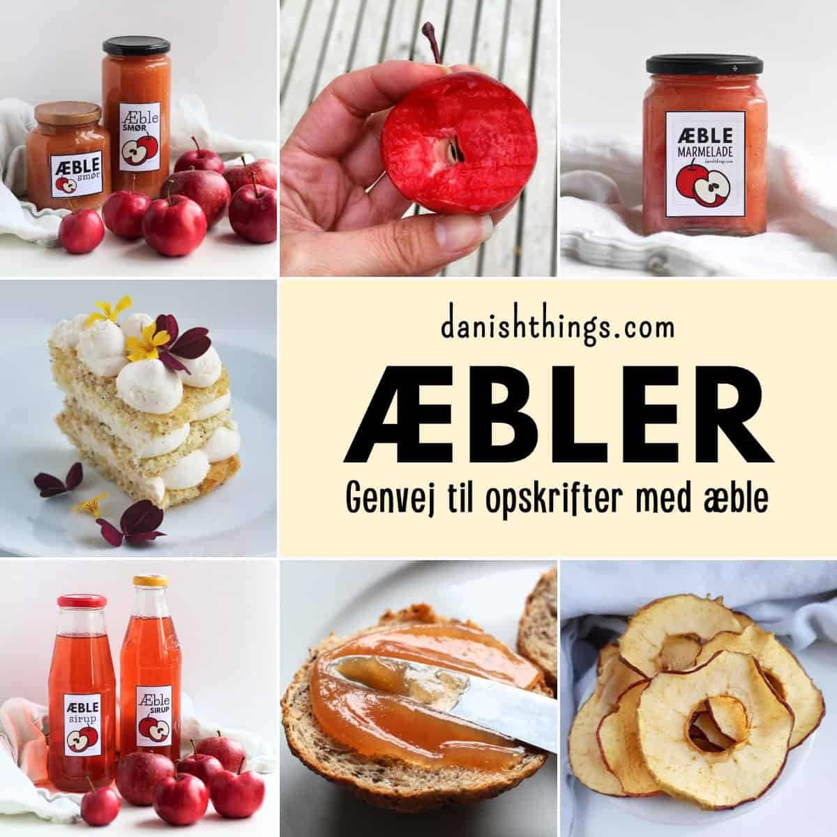 Opskrifter med æbler. Sylt dine æbler, lav sirup, æblemos, æblekompot, æblemarmelade, æblepure… Brug dine æbler i kager og desserter, i det salte køkken - eller tør dine æbler og brug dem i som snacks. Find opskrifter, gratis print og inspiration til årets gang på danishthings.com © Christel Parby - Danish Things #DanishThings #æble #æbler #opskriftmedæbler #æbleopskrift #æblesylt #sukkersyltedeæbler #æblegrød #æblemarmelade #æblesyltetøj #æblesmør #frugtsmør #æblemos #æblekompot #æblesirup #æblelagkage #æbletærte #æbledessert #æblekage #tørredeæbler #æblechips #vildmad #spisnaturen #efterår #opskrift #sanke #spisefteråret #efterårsopskrift