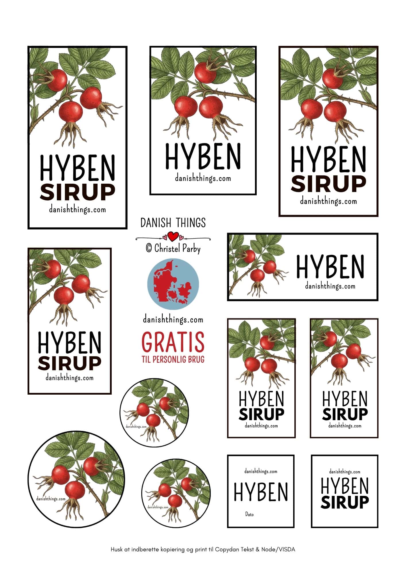 Hybenekstrakt og hybensirup af hele hyben – uden at fjerne kerner Print gratis etiketter til dine flasker, og giv en hjemmelavet gave væk. Lav en stor portion hybensirup og giv flasker væk som hjemmelavede gaver. Brug de gratis etiketter til flaskerne. Find etiketterne og hele opskriften med trin-for-trin-fremgangsmåde på danishthings.com. © Christel Parby #DanishThings #hybensirup #sirupsopskrift #hjemmelavetsirup #cocktailsirup #gratisprint #etiketter