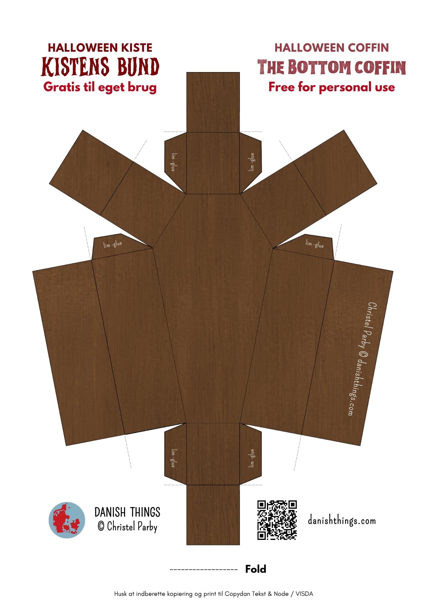 Gratis farvet kisteprint til bunden af en brun kiste af papir. Klip, fold og lim den printede bund, og vælg eventuelt et rødt papirfor eller en vampyr til indersiden. © Christel Parby · danishthings.com · #DanishThings #Halloweenkiste #Kisteprint #GratisPrint