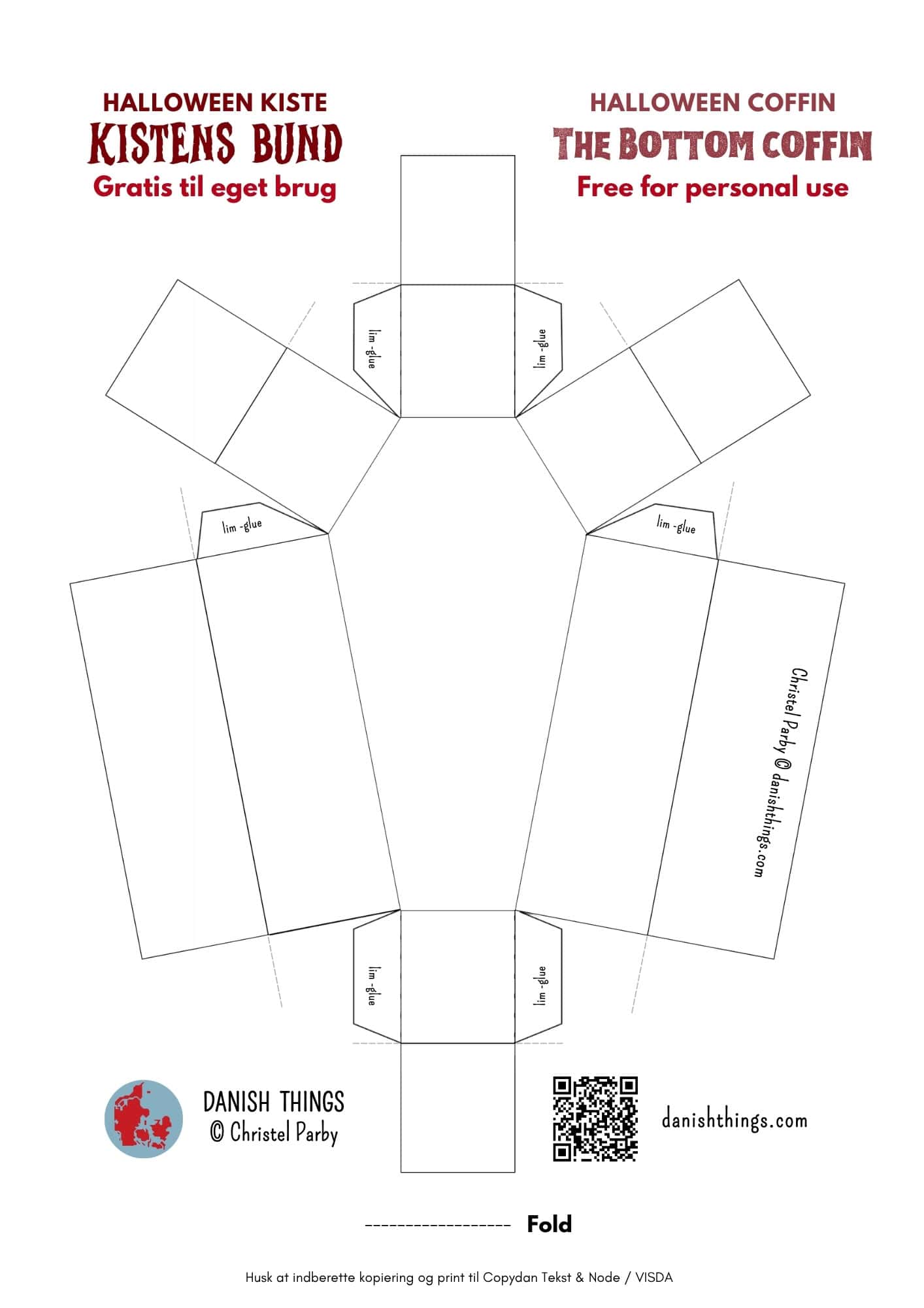 Gratis print til bunden af en hvid halloweenkiste af papir. Print, klip, fold og lim kistebunden, og dekorér den selv, hvis du har lyst. Den hvide udgave kan også bruges som skabelon på farvet papir eller karton. © Christel Parby · danishthings.com · #DanishThings #Halloweenkiste #GratisPrint #Papirpynt