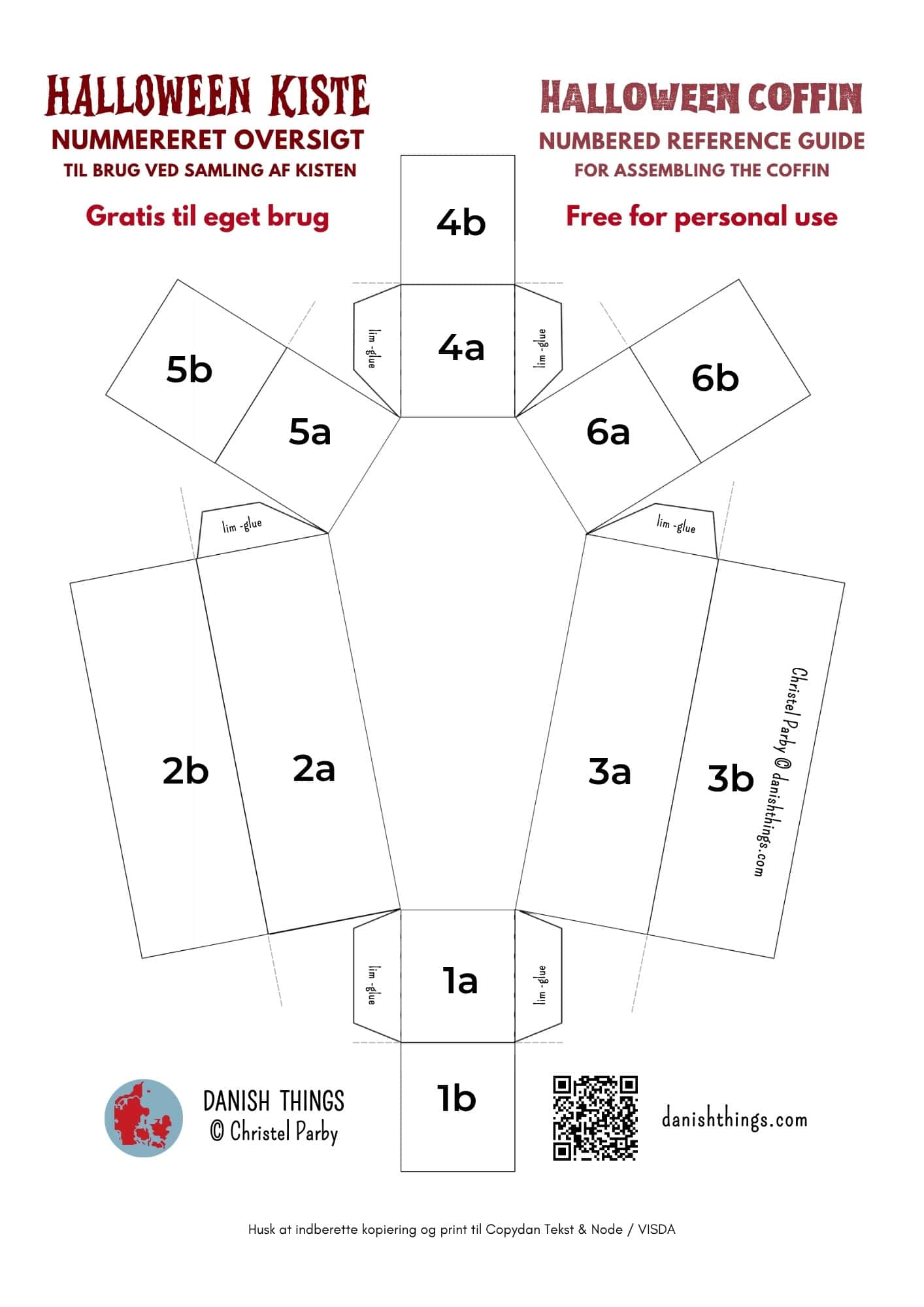 Nummereret oversigt over kistens dele fra 1a/1b til 6a/6b med markering af limflapper. Oversigten bruges som hjælp til at følge samlevejledningen til kisten af papir. © Christel Parby · danishthings.com · #DanishThings #Halloweenkiste #Samlevejledning #GratisPrint