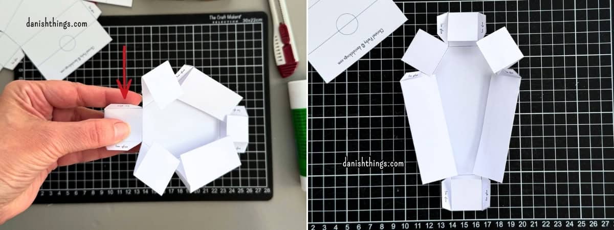 To billeder viser den foldede hvide kistebund med sidevægge og små limflapper. Delene formes, så limflapperne senere kan skjules mellem de dobbelte vægge.
© Christel Parby · danishthings.com · #DanishThings #Kisteprint #FoldOgLim #HalloweenDIY
